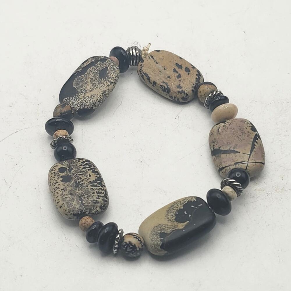 Dalmatian Jasper Bracelet Black Tan Spotted Beaded Stretch Boho Jewelry 7 Inch